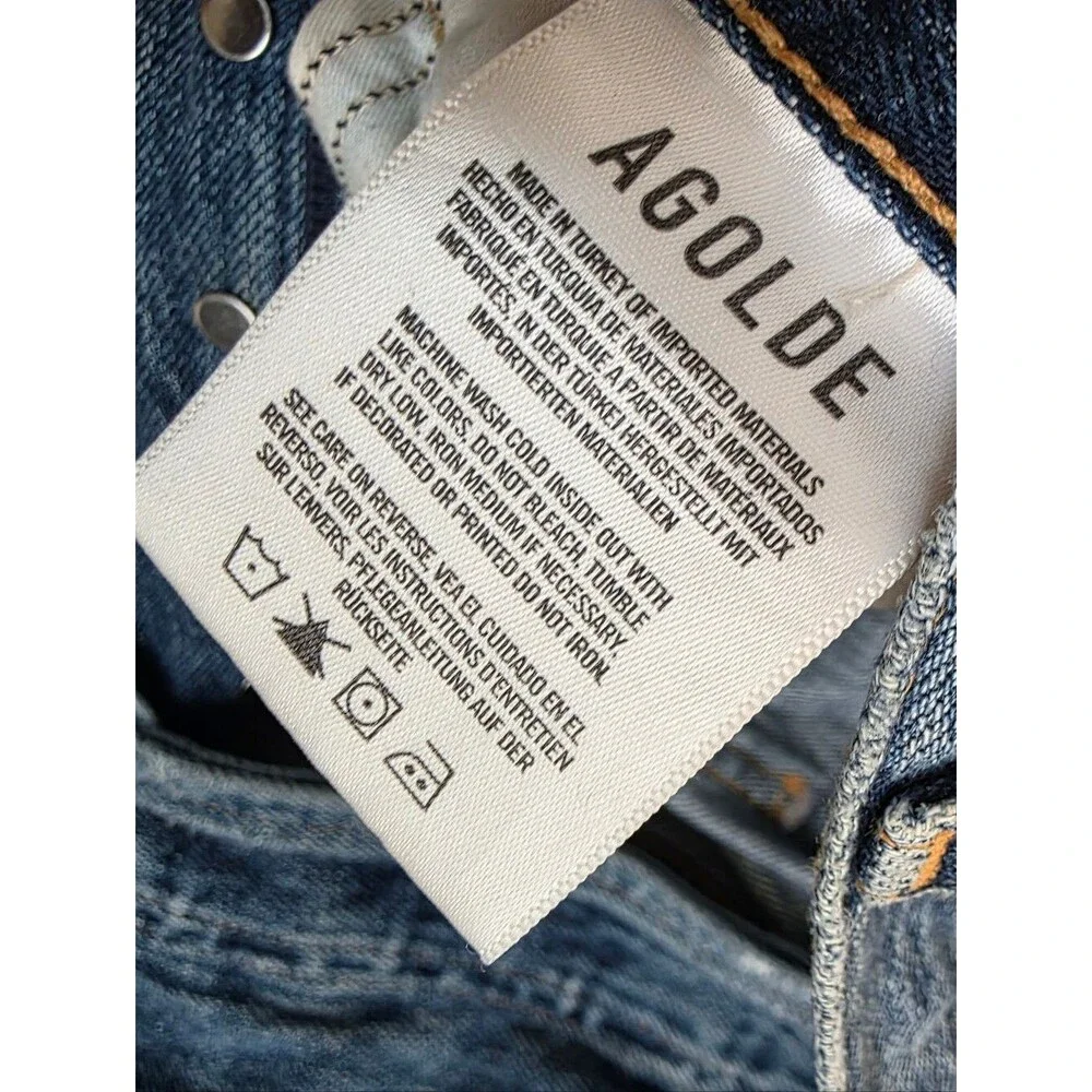 Agolde Riley Straight Jeans Button Fly and Raw Hem 24 Cotton High Rise Distress
